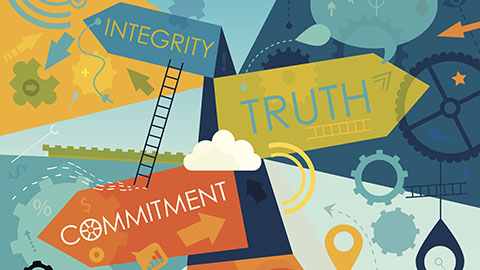 A colorful collage graphic showing signposts labeled Integrity, Truth, and Commitment