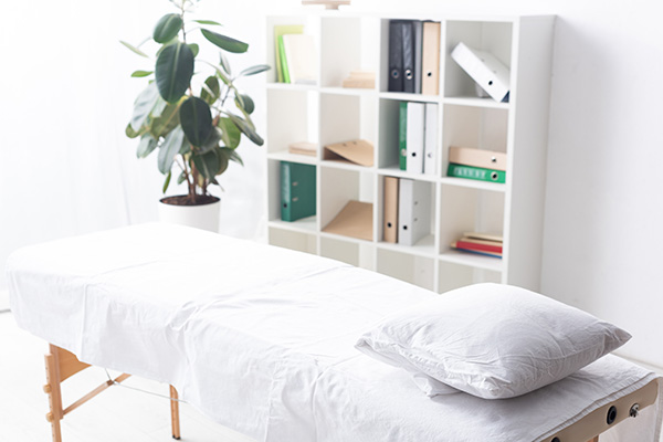 A tranquil massage setting with a bookcase, plant, and massage table