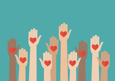Illustration of diverse hands raised with a heart on each palm