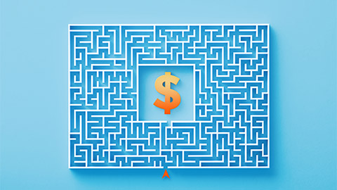 An animated blue maze with a dollar sign at the center.