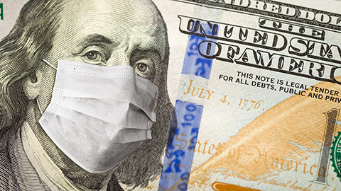 One-hundred dollar bill with Ben Franklin wearing a surgical mask