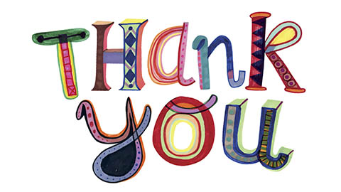 "Thank You" in colorful letters and patterns