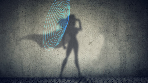 A superhero woman's shadow with sound waves coming from her ear