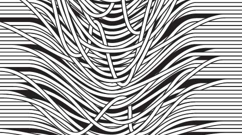 Black and white illustration of tangled white strings. 