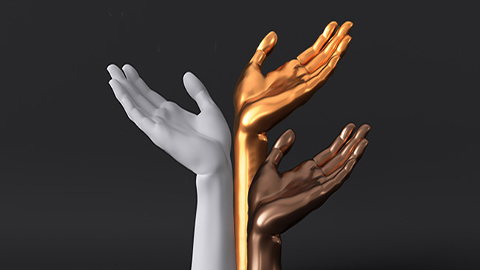 Three animated hands with white, gold and bronze.