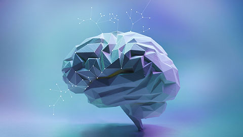 Computer graphic image of a brain with dots and lines overlaid representing neurons