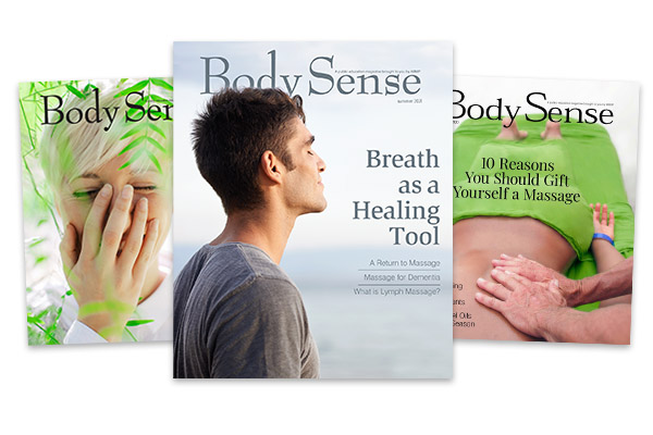 Massage education magazine Body Sense three covers.