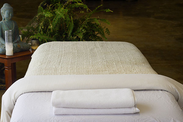 A tranquil spa room with massage table, buddha statue, plant, and candle