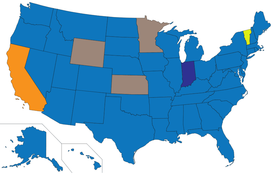 Map of the United States showing the licensing status for each state.