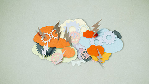 Colorful paper cut brainstorming thought bubbles.