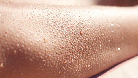 Goosebumps and beads of sweat on a person's arm.