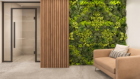 A modern interior with wood accents set against a living wall.