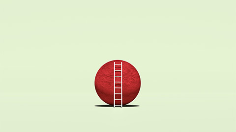 A white ladder resting against a big red ball.