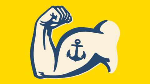 Cartoon illustration of a flexed bicep with anchor tattoo. 