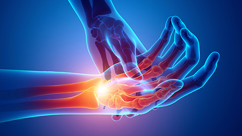 Digital illustration of hands, with the bones and ligaments in the right pain glowing red with pain.