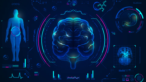 Digital illustration of brain, brain scans, human body