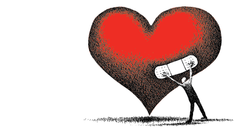 Illustration of a stick figure placing a band-aid on a heart