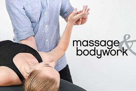 The cover of Massage & Bodywork magazine displays a massage therapist treating a client's arm.