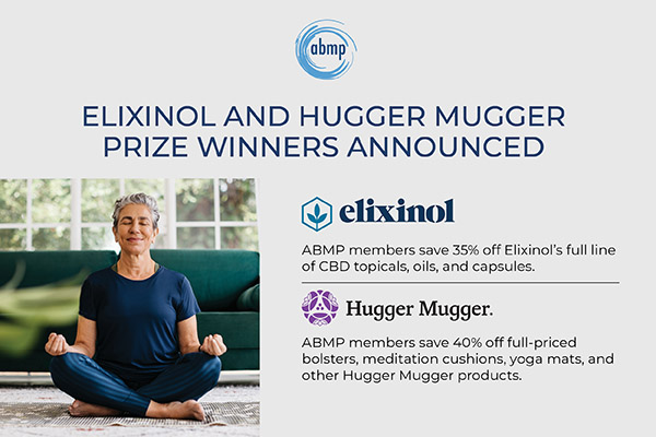 Graphic announcing winners have been named for Elixinol and Hugger Mugger prizes with inset photo of woman sitting cross-legged.