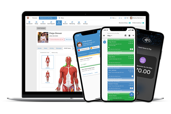 Illustration of computer and phones displaying MassageBook sites.