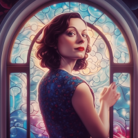 Illustration of a woman in front of a stained-glass window.